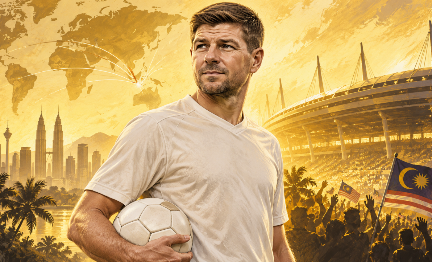 Ilustrasi AI Steven Gerrard bernuansa kuning keemasan untuk artikel AllStar Legends di Malaysia, Pertemuan Gerrard dan Mantan Pemain Lintas Negara