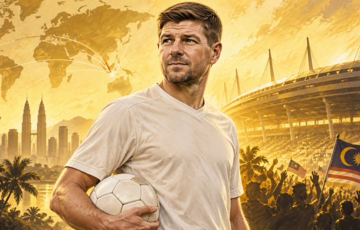 Ilustrasi AI Steven Gerrard bernuansa kuning keemasan untuk artikel AllStar Legends di Malaysia, Pertemuan Gerrard dan Mantan Pemain Lintas Negara