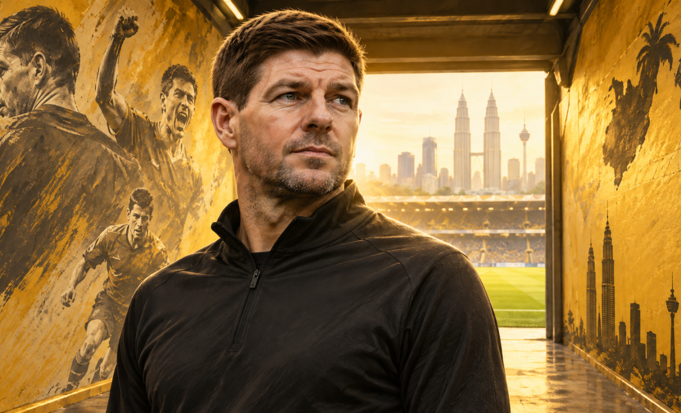 Ilustrasi AI Steven Gerrard bernuansa kuning keemasan untuk artikel Steven Gerrard, Jejak Kapten dan Kepemimpinan yang Dibicarakan Kembali
