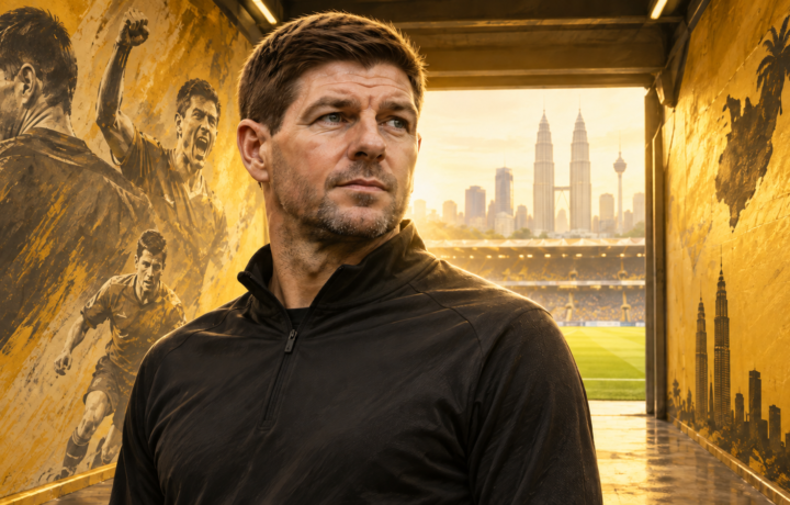 Ilustrasi AI Steven Gerrard bernuansa kuning keemasan untuk artikel Steven Gerrard, Jejak Kapten dan Kepemimpinan yang Dibicarakan Kembali